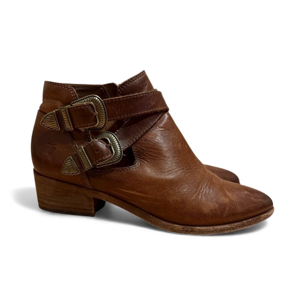 Frye Ray Western Shootie Leather Ankle Boots Brown Sz 7 Duel Side Buckles Cognac